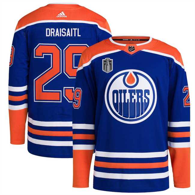 Mens Edmonton Oilers #29 Leon Draisaitl Royal 2024 Stanley Cup Final Patch Stitched Jersey Dzhi